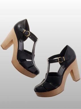 Madewell Black T-Strap Platform Heels with Tan Block Heel
